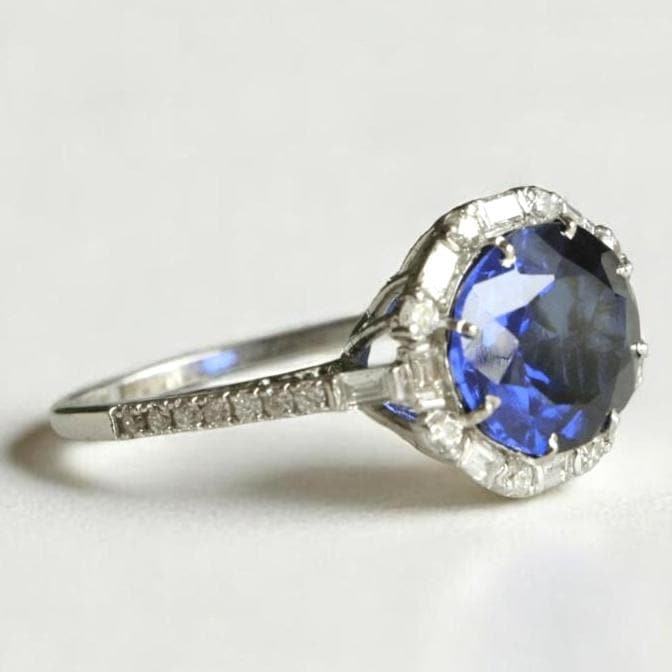 Oval Blue Sapphire Diamond Halo Ring, Round and Baguette Natural diamonds, 14k Solid Gold, Gemstone Ring, Engagement Ring, Gift For Her