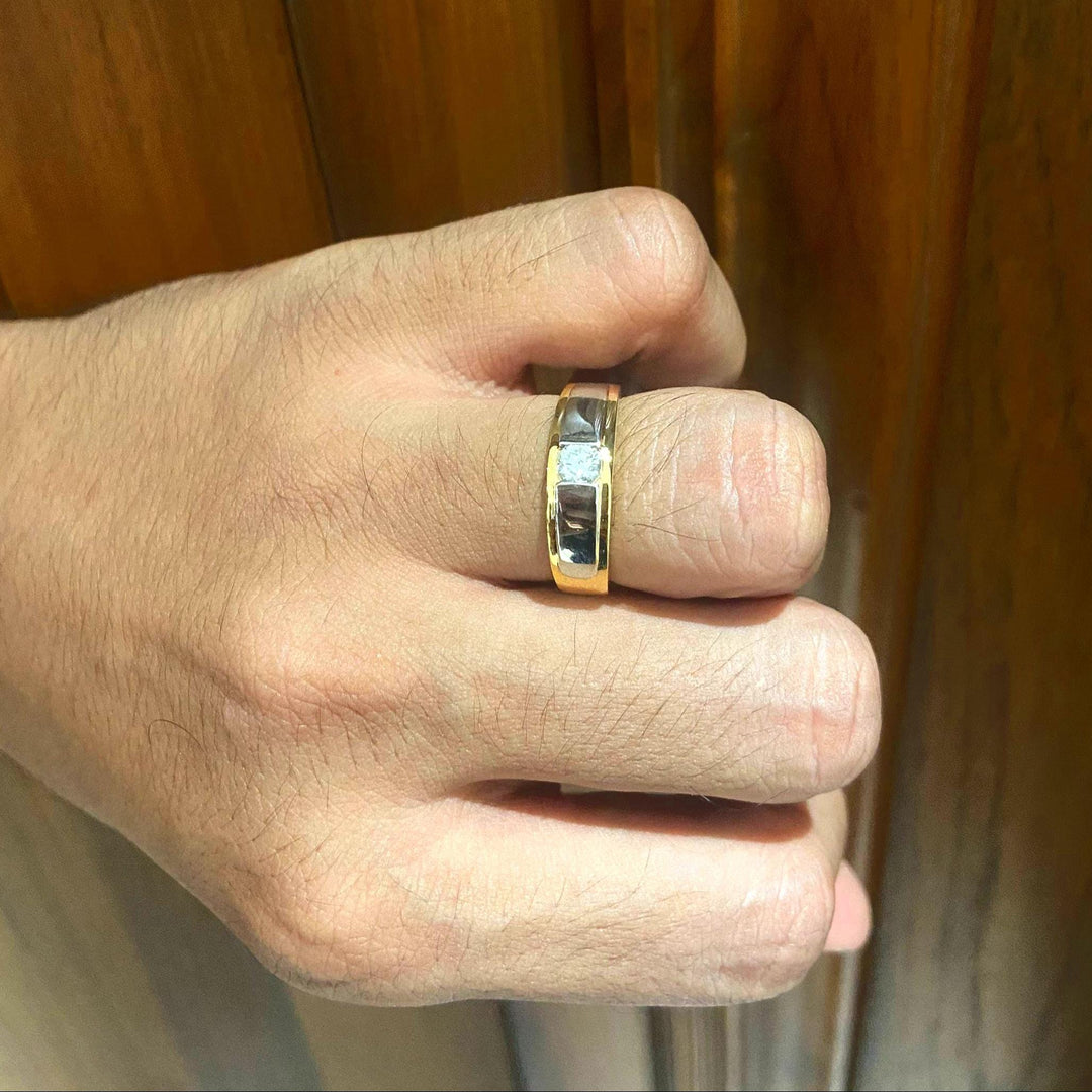 Round Solitaire Diamond Ring, 14k Solid Gold, Natural Diamonds, Men&#39;s Engagement Ring, Two Tone Wedding Statement Band, Gift for him