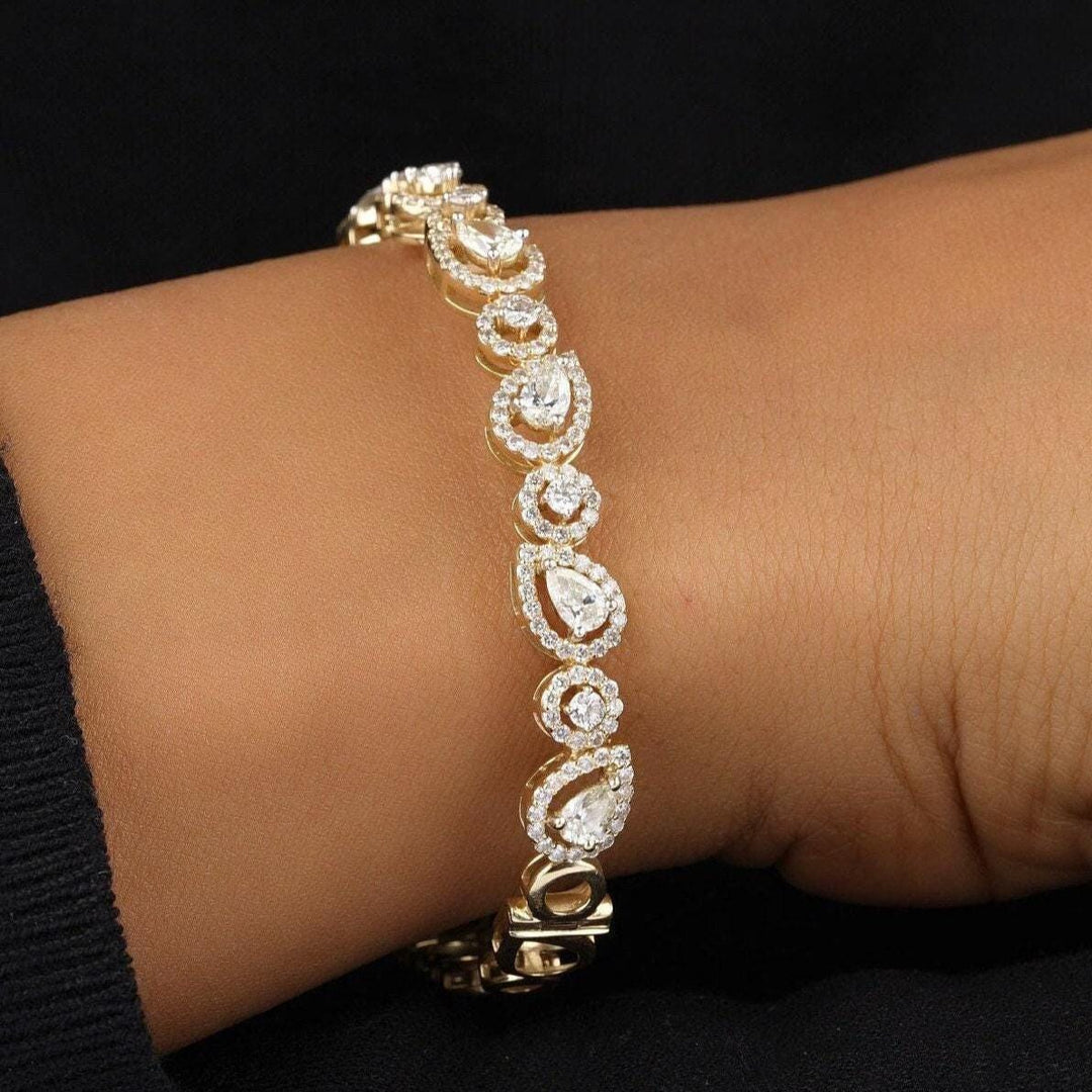 Teardrop Diamond Bracelet, 14k Solid Gold, Natural Diamond, Fancy Cluster Link Bangle, Stackable Filigree Bracelet, Statement Bridal Jewelry