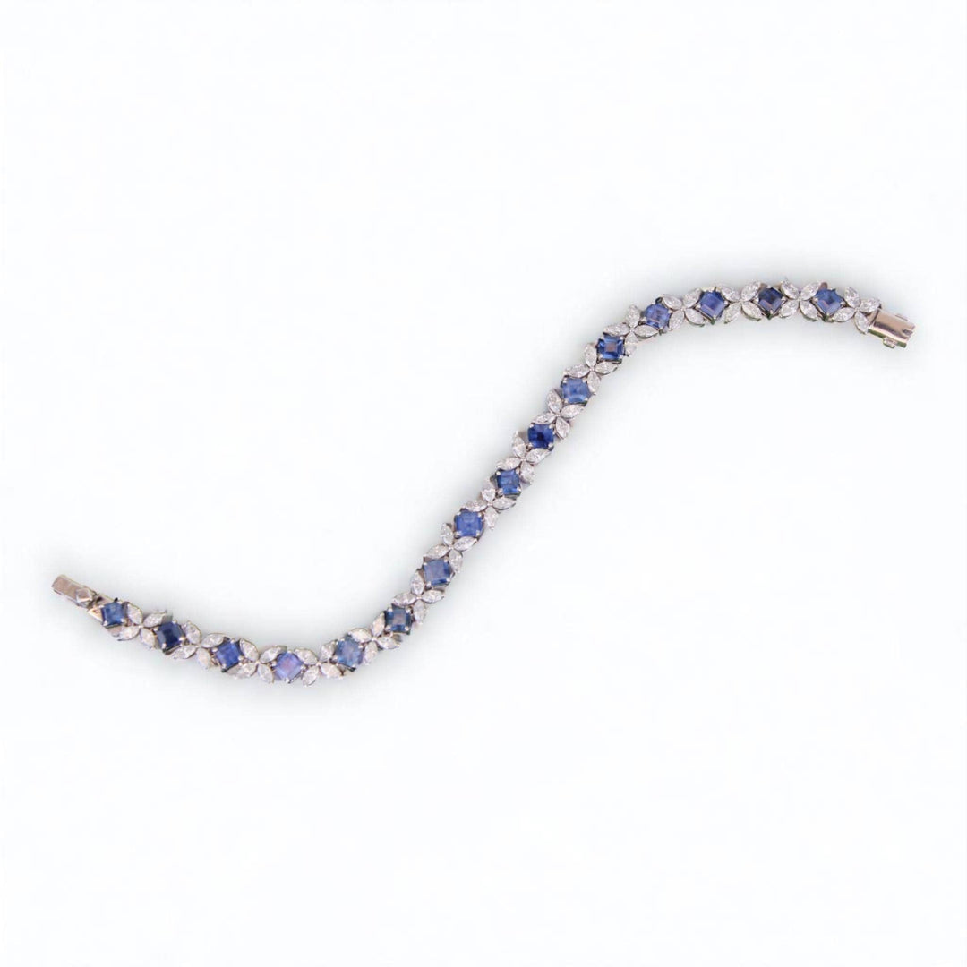 Floral Diamond Blue Sapphire Tennis Bracelet, 14k Solid Gold, Natural Diamonds, Floral Stackable Bracelet, Statement Gemstone Jewelry