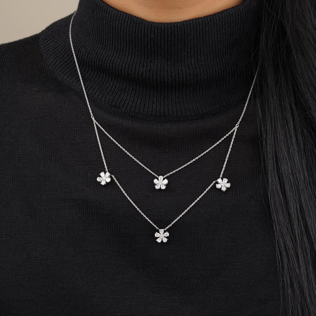 Layered Floral Diamond Necklace, 14k Solid Gold, Natural Diamonds, Floral Petal Setting Jewelry, Double Chain Necklace, Staement Jewelry