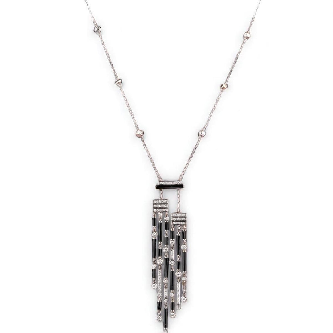 Art Deco Diamond Tassel Necklace With Earrings, 14k Solid Gold, Natural Diamonds, Black Onyx Gemstone Pendant, Cocktail Statement Jewelry