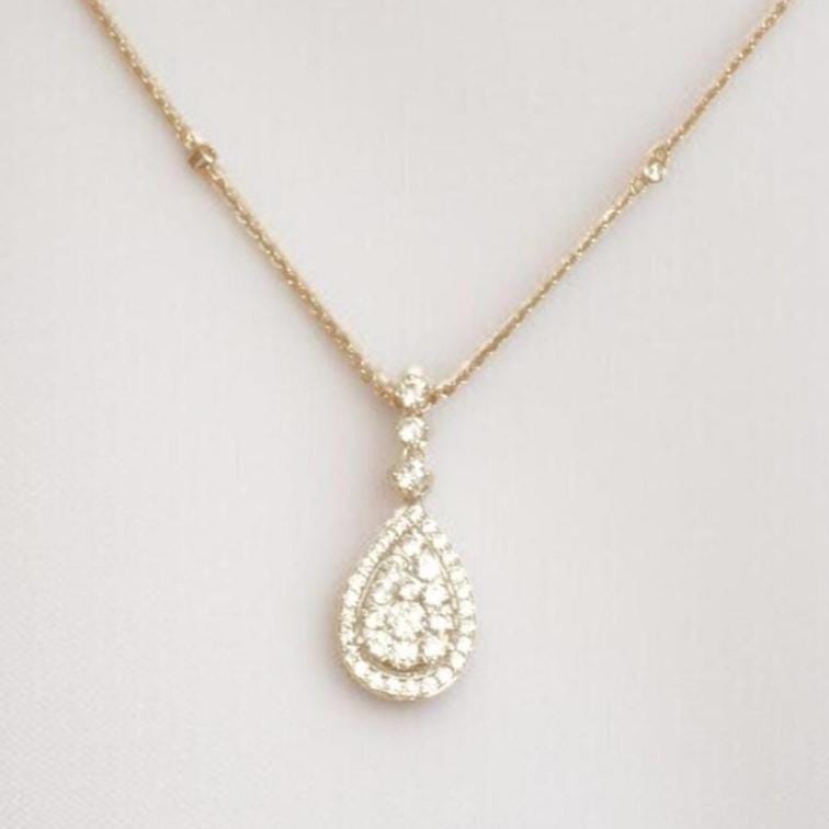 Halo Teardrop Diamond Necklace, 14k Solid Gold, Natural Diamonds, Cluster Set Bridal Chain Pendant, Minimalist Stacking Jewelry