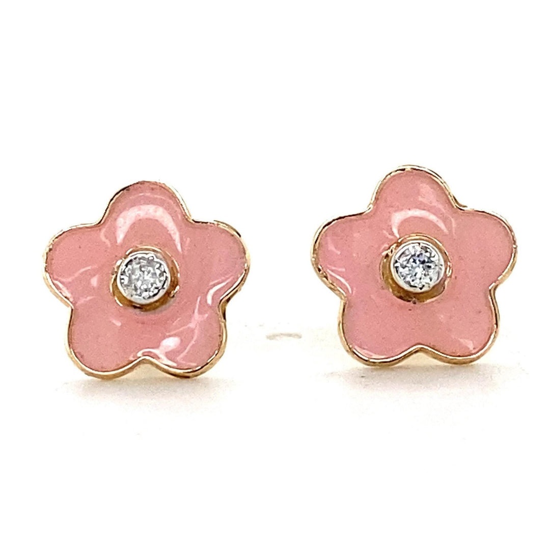 Kids Enameled Flower Diamond Stud Earrings, 14k Solid Gold, Natural Diamonds, Kids jewelry, Gift for toddlers, girls and kids