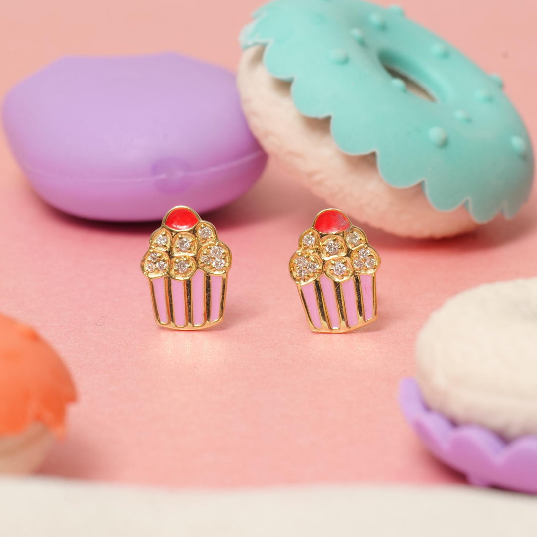 Kids Enameled Cupcake Diamond Stud Earrings, 14k Solid Gold, Natural Diamonds, Kids jewelry, Gift for toddlers, girls and kids