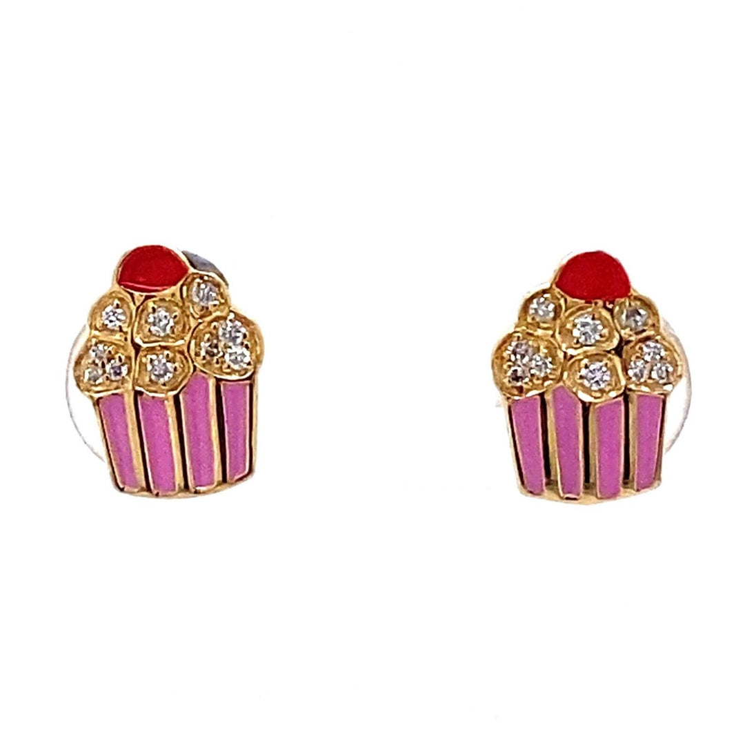 Kids Enameled Cupcake Diamond Stud Earrings, 14k Solid Gold, Natural Diamonds, Kids jewelry, Gift for toddlers, girls and kids