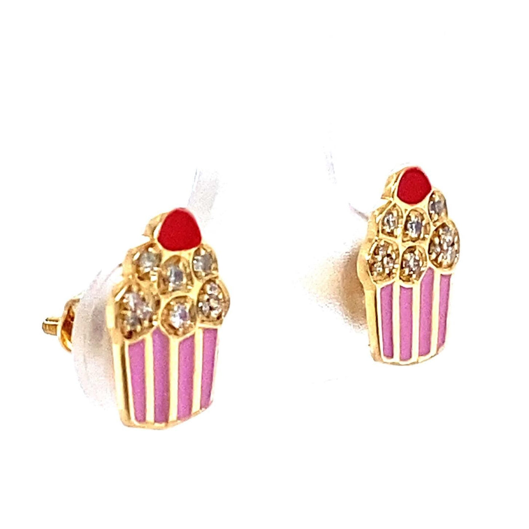 Kids Enameled Cupcake Diamond Stud Earrings, 14k Solid Gold, Natural Diamonds, Kids jewelry, Gift for toddlers, girls and kids