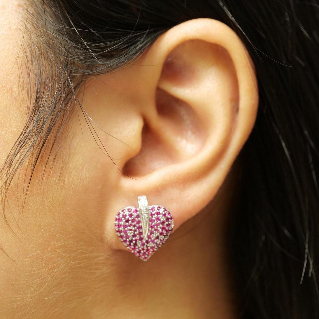 Heart Pink Sapphire Diamond Stud Earrings, 14k Solid Gold, Natural Diamonds, Cluster Pave Gemstone Studs, Statement Cocktail Jewelry