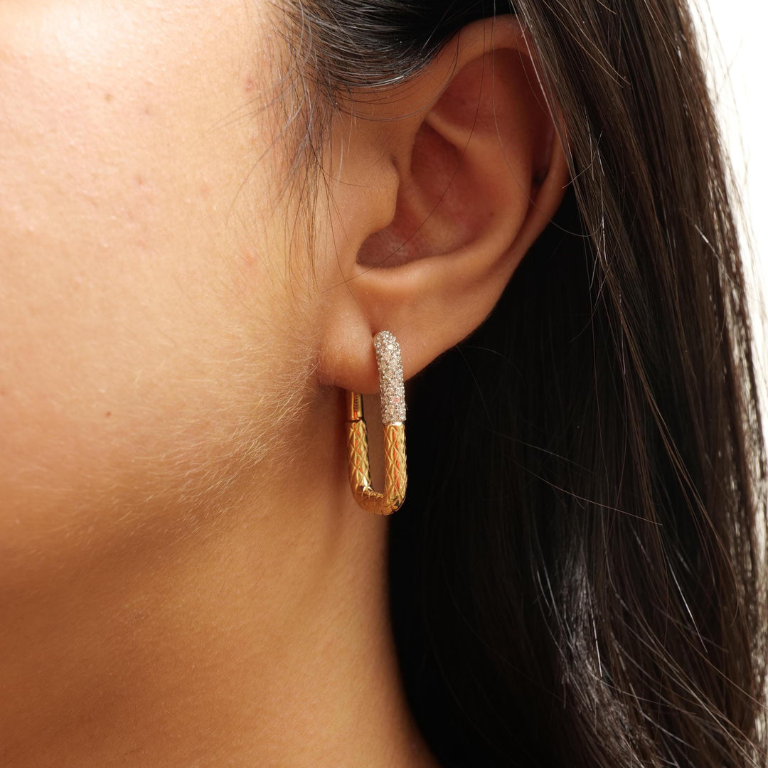 Carabiner Diamond Huggie Hoop Earrings, 14k Solid Gold, Natural Diamonds, Textured Link Earrings, Dual Tone Statement Jewelry