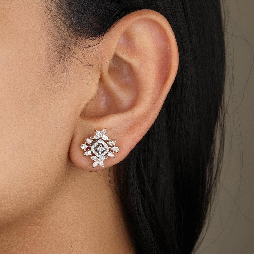 Leaflet Floral Diamond Stud Earrings, 14k Solid Gold, Natural Diamonds, Princess Marquise Cluster Jewelry,  Cocktail Statement Earrings