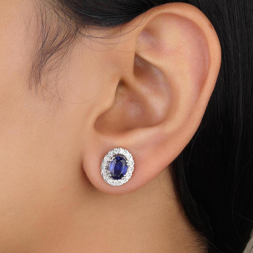 Oval Blue Sapphires Halo Diamond Earrings, 14K Solid Gold, Natural Diamonds, Gemstone Everyday Studs, Bridal Wedding Jewelry