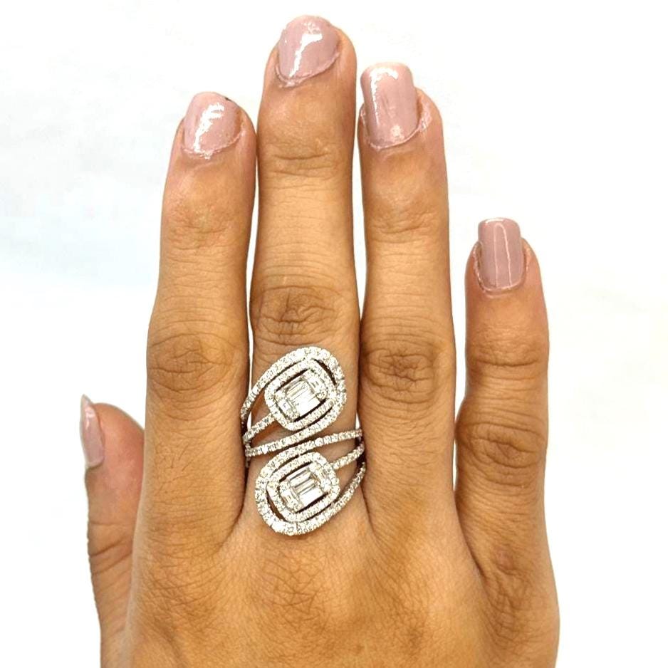 Swirl Diamond Bypass Ring, 14k Solid Gold, Natural Diamonds, Halo Set Cocktail Ring, Illusion Ring, Full Finger Statement Ring, Gift for Her