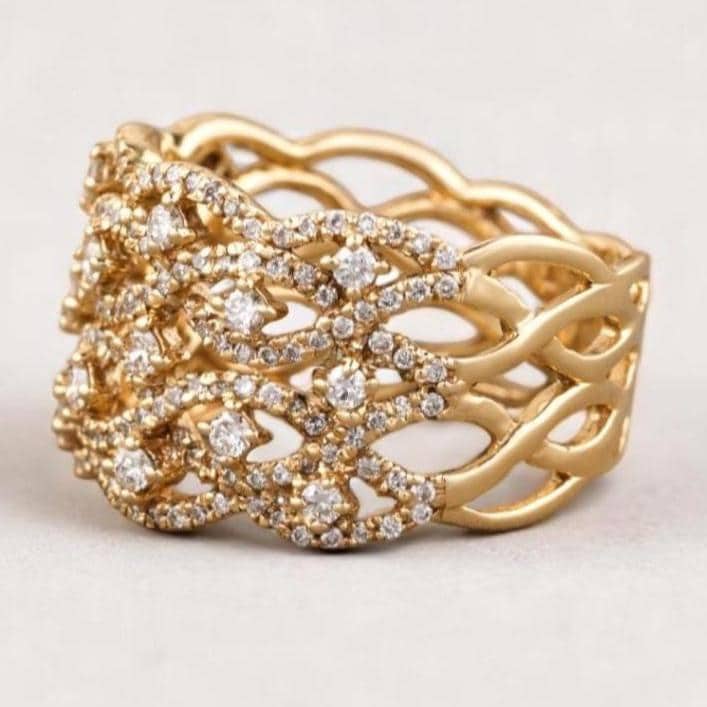 Criss Cross Diamond Ring, 14k solid gold, Natural Diamonds, Wedding Broad Band, Cocktail Statement Ring, Wide Band Ring, Gift For Her