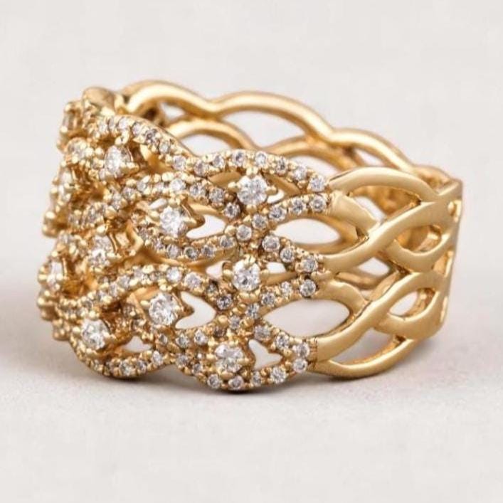 Criss Cross Diamond Ring, 14k solid gold, Natural Diamonds, Wedding Broad Band, Cocktail Statement Ring, Wide Band Ring, Gift For Her