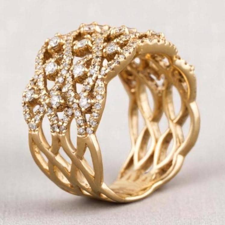 Criss Cross Diamond Ring, 14k solid gold, Natural Diamonds, Wedding Broad Band, Cocktail Statement Ring, Wide Band Ring, Gift For Her