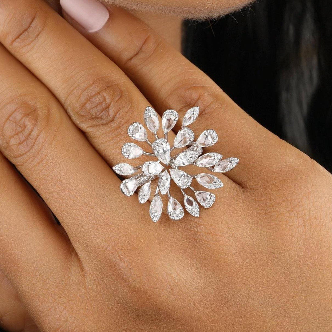 Peacock Feather Diamond Ring, 14k Solid Gold, Rosecut Natural Diamonds, Cocktail Statement Ring, Bold Cluster Ring, Gift For Her