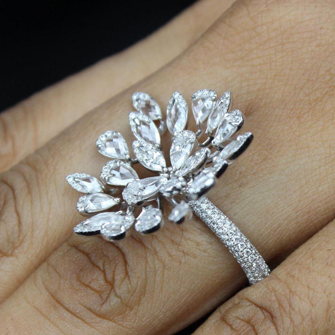 Peacock Feather Diamond Ring, 14k Solid Gold, Rosecut Natural Diamonds, Cocktail Statement Ring, Bold Cluster Ring, Gift For Her