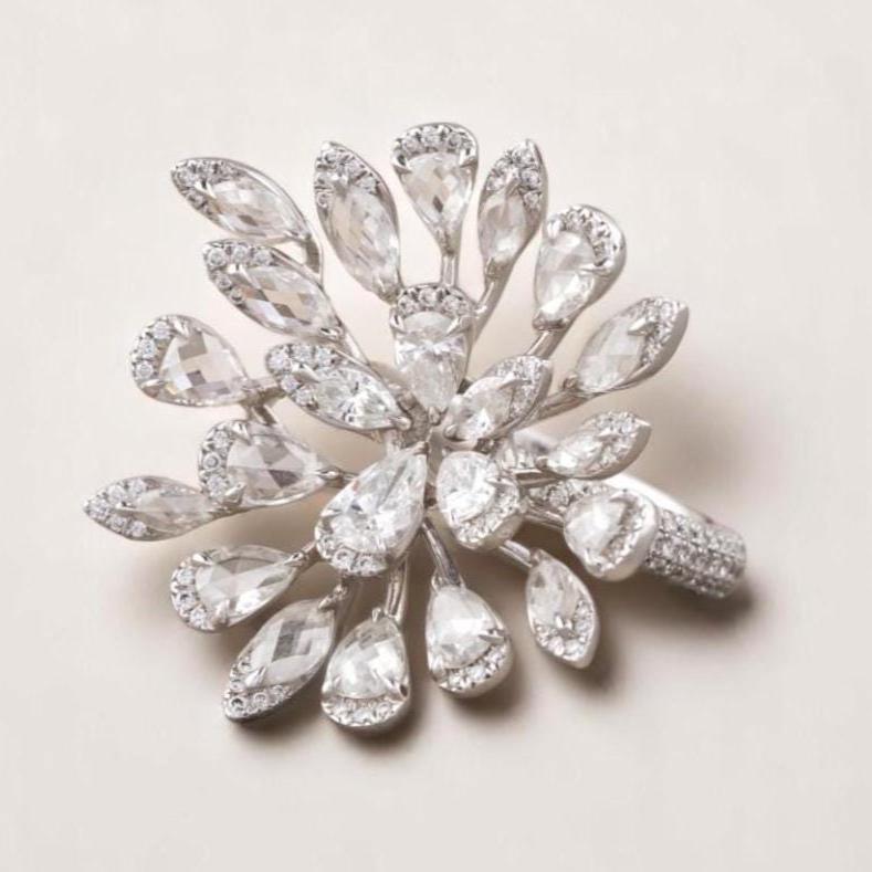 Peacock Feather Diamond Ring, 14k Solid Gold, Rosecut Natural Diamonds, Cocktail Statement Ring, Bold Cluster Ring, Gift For Her