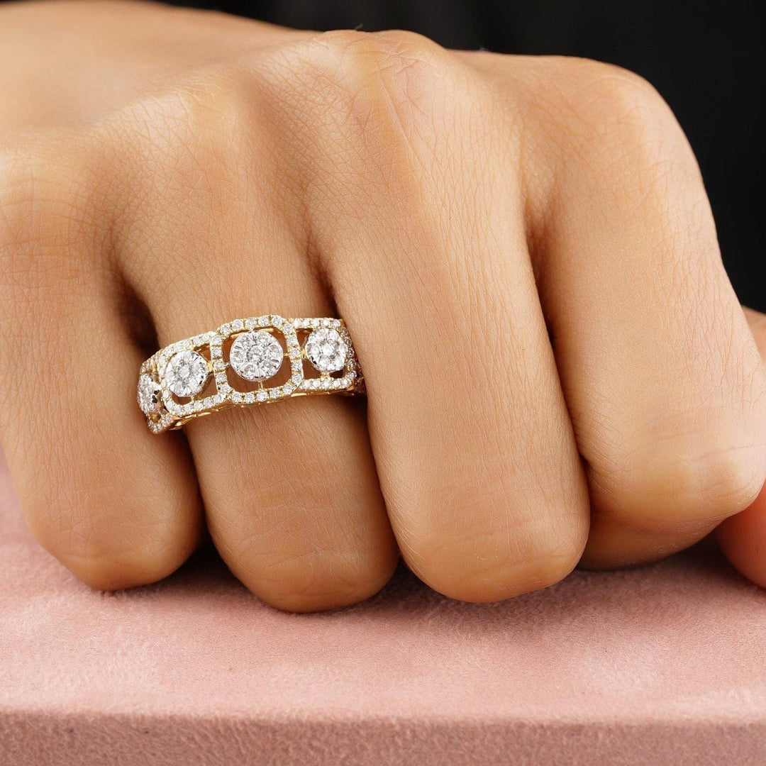 Diamond Halo Eternity Ring, 14k Solid Gold, Natural Diamonds, Illusion Setting, Open Frame Pavé Band, Two Toned Statement Ring, Gift For Her