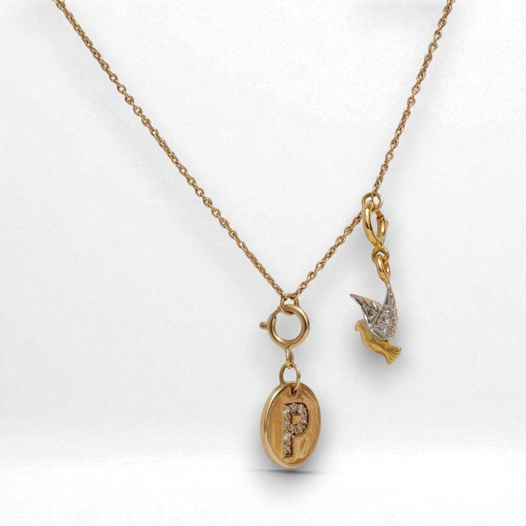 Personalized Initial Bird Charm Diamond Necklace, 14k Solid Gold, Natural Diamonds, Stacking Two Charm Necklace, Minimalist Everyday Jewelry