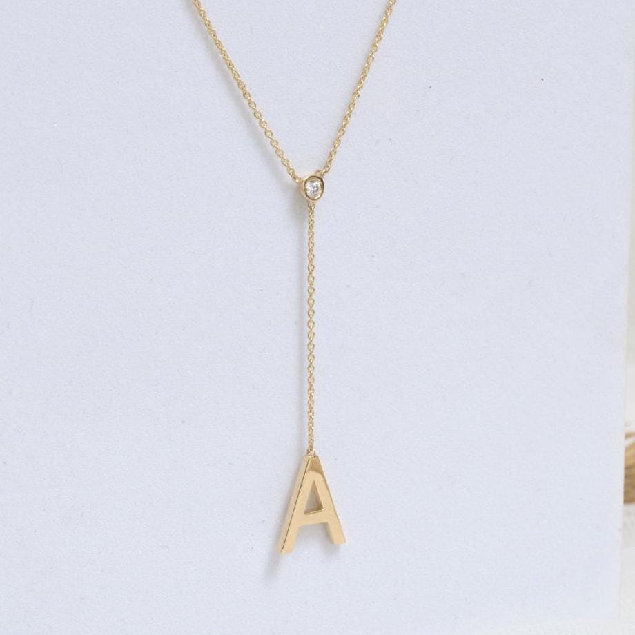 Personalized Bold Initial Lariat Diamond Necklace, 14k Solid Gold, Natural Diamonds, Bezel Drop Letter Jewelry, Minimalist Everyday Jewelry