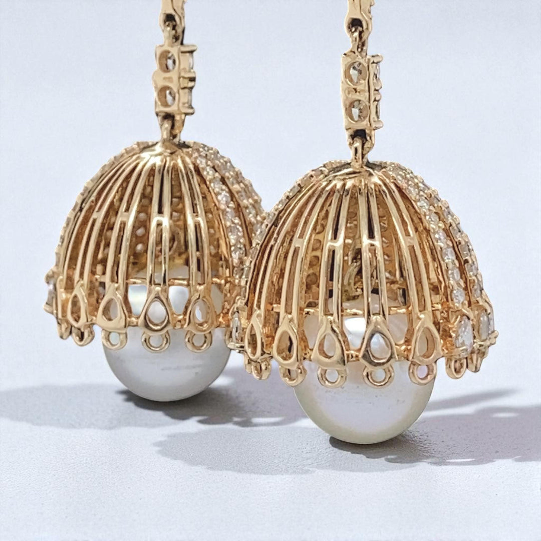 Pearl Drop Diamond Dangle Earrings, 14K Solid Gold, Natural Diamonds, Bridal Jhumka Earrings, Statement Cocktail Earrings