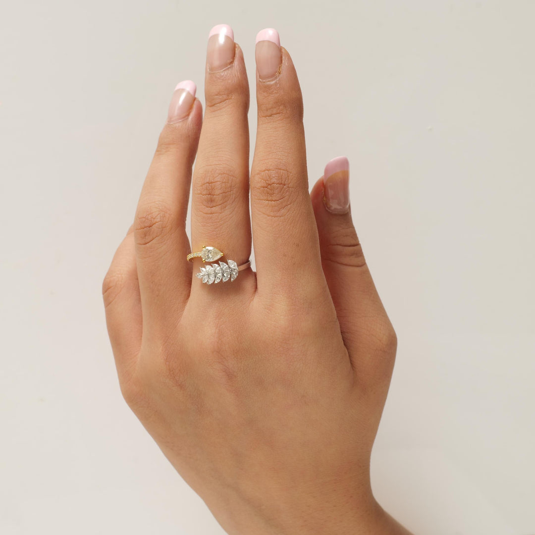 Pear Leaf Diamond Ring, 14k Solid Gold, Natural Diamonds, Cluster Split Jewelry, Open Wrap Two Tone  Band, Statement Cocktail Jewelry