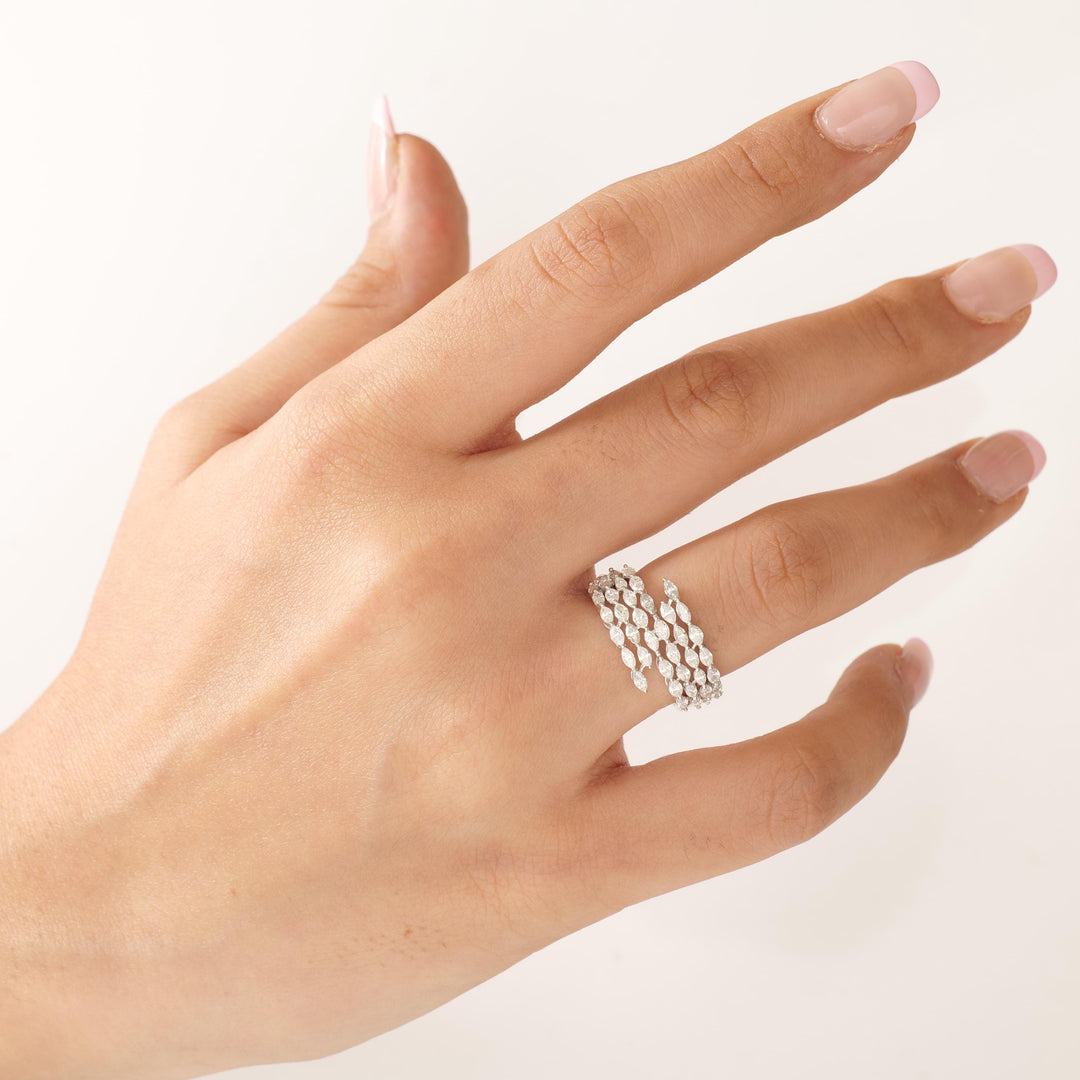 Marquise Wide Diamond  Ring, 14k Solid Gold, Natural Diamonds, Multi Row Leaf Band, Statement Cocktail Jewelry, Wrap Bridal Wedding Ring