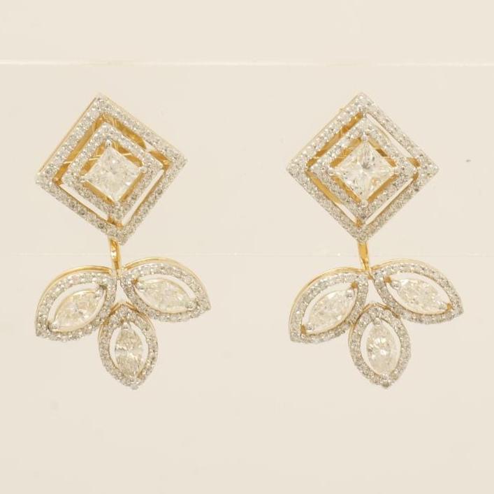 Geometric Leaf Halo Diamond Studs, 14k Solid Gold, Natural Diamonds, Princess Marquise Bridal Earrings, Statement Jewelry, Cocktail Studs