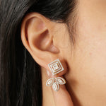 Load image into Gallery viewer, Geometric Leaf Halo Diamond Studs, 14k Solid Gold, Natural Diamonds, Princess Marquise Bridal Earrings, Statement Jewelry, Cocktail Studs
