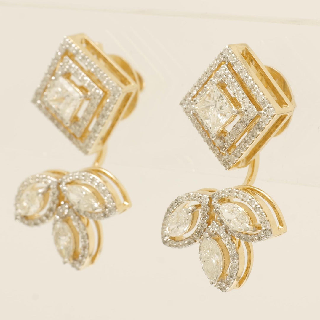 Geometric Leaf Halo Diamond Studs, 14k Solid Gold, Natural Diamonds, Princess Marquise Bridal Earrings, Statement Jewelry, Cocktail Studs