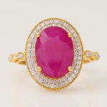 Load image into Gallery viewer, Oval Ruby Double Halo Diamond Ring, 14k Solid Gold, Natural Diamond, Cocktail Gemstone Jewelry, Statement Ring, Ready To Ship, IGI Certified
