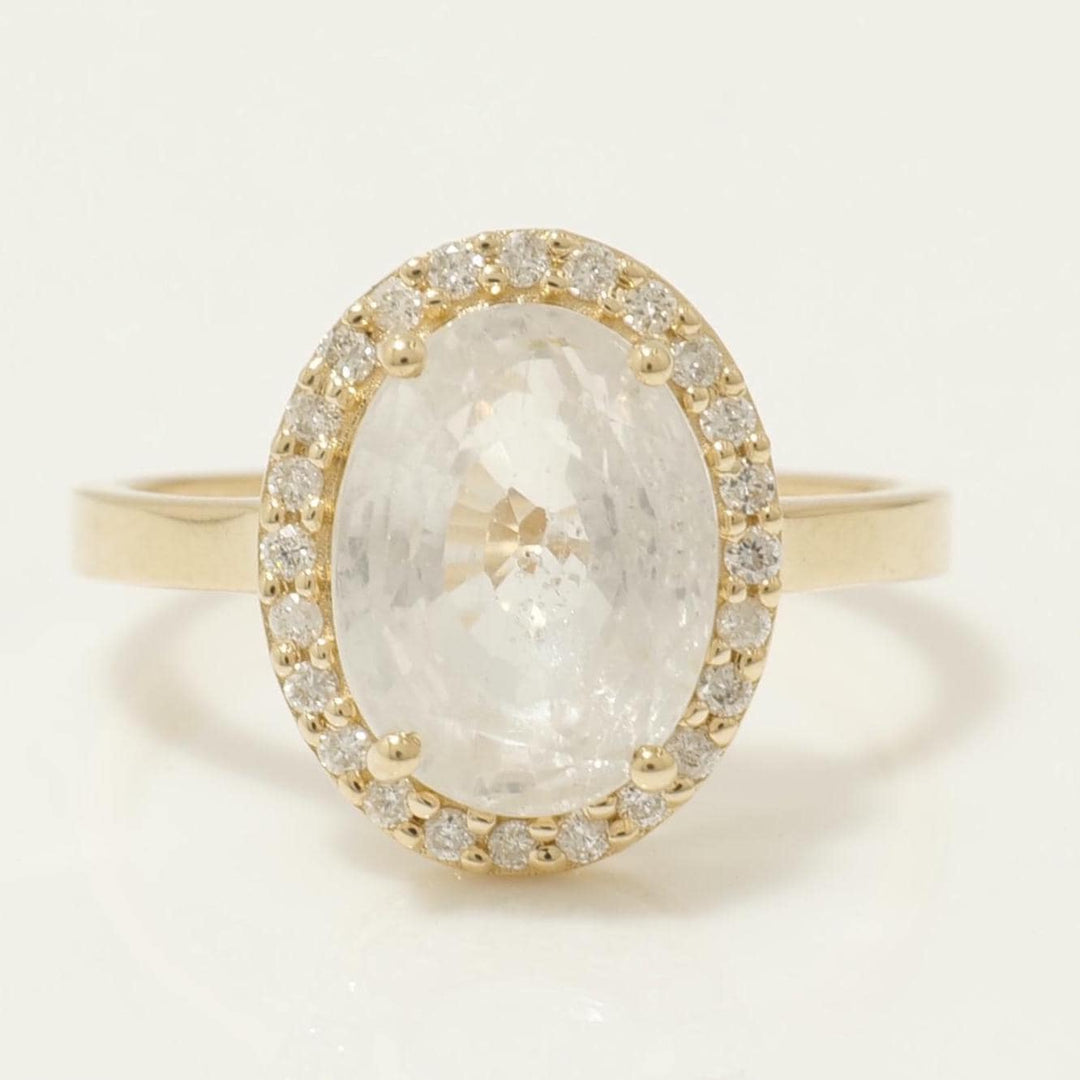 White Sapphire Oval Halo Diamond Ring, 14k Solid Gold, Natural Diamond, Cocktail Gemstone Statement Jewelry, Ready To Ship, HRD Certified