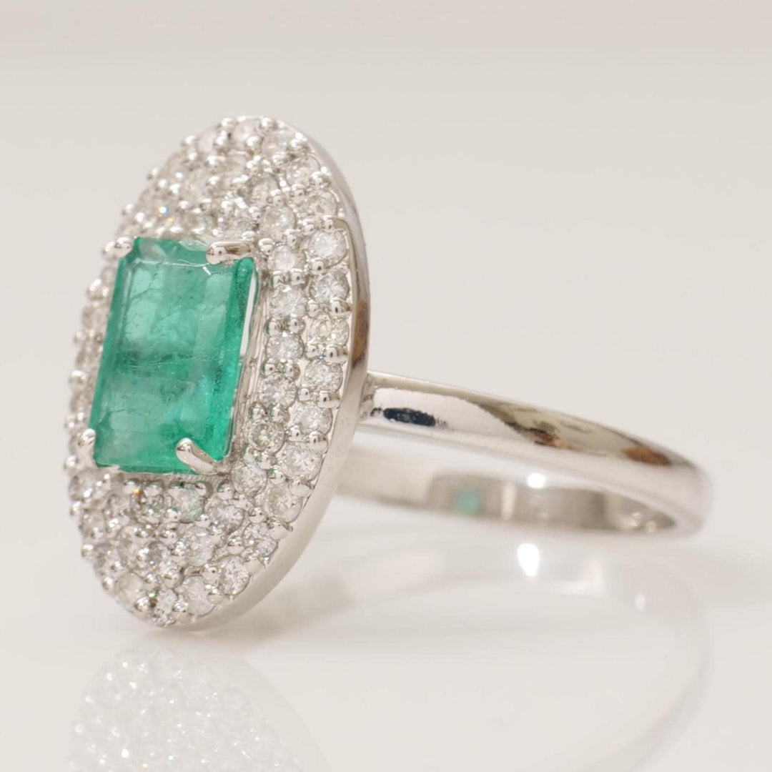 Emerald Cut Emerald Gemstone Diamond Ring, 14k Solid Gold, Natural Diamonds, Double Halo Statement Cocktail Jewelry, Engagement Wedding Ring