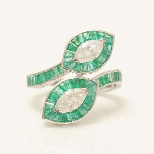 Baguette Cut Emerald Halo Diamond Ring, 14k Solid Gold, Natural Diamond, Statement Jewelry, Cocktail Ring, Bypass Leaf Ring, Open Wrap Ring