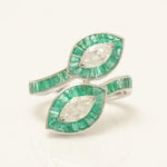 Load image into Gallery viewer, Baguette Cut Emerald Halo Diamond Ring, 14k Solid Gold, Natural Diamond, Statement Jewelry, Cocktail Ring, Bypass Leaf Ring, Open Wrap Ring
