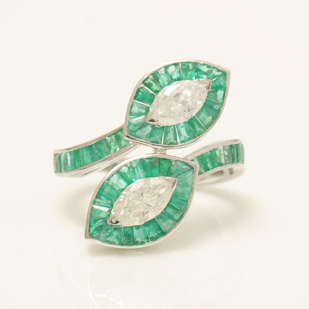 Baguette Cut Emerald Halo Diamond Ring, 14k Solid Gold, Natural Diamond, Statement Jewelry, Cocktail Ring, Bypass Leaf Ring, Open Wrap Ring