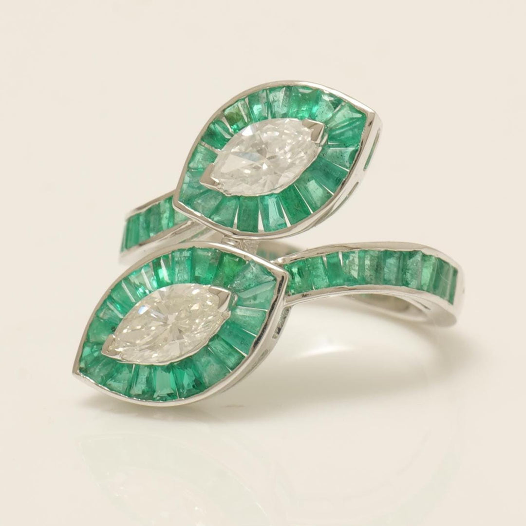 Baguette Cut Emerald Halo Diamond Ring, 14k Solid Gold, Natural Diamond, Statement Jewelry, Cocktail Ring, Bypass Leaf Ring, Open Wrap Ring
