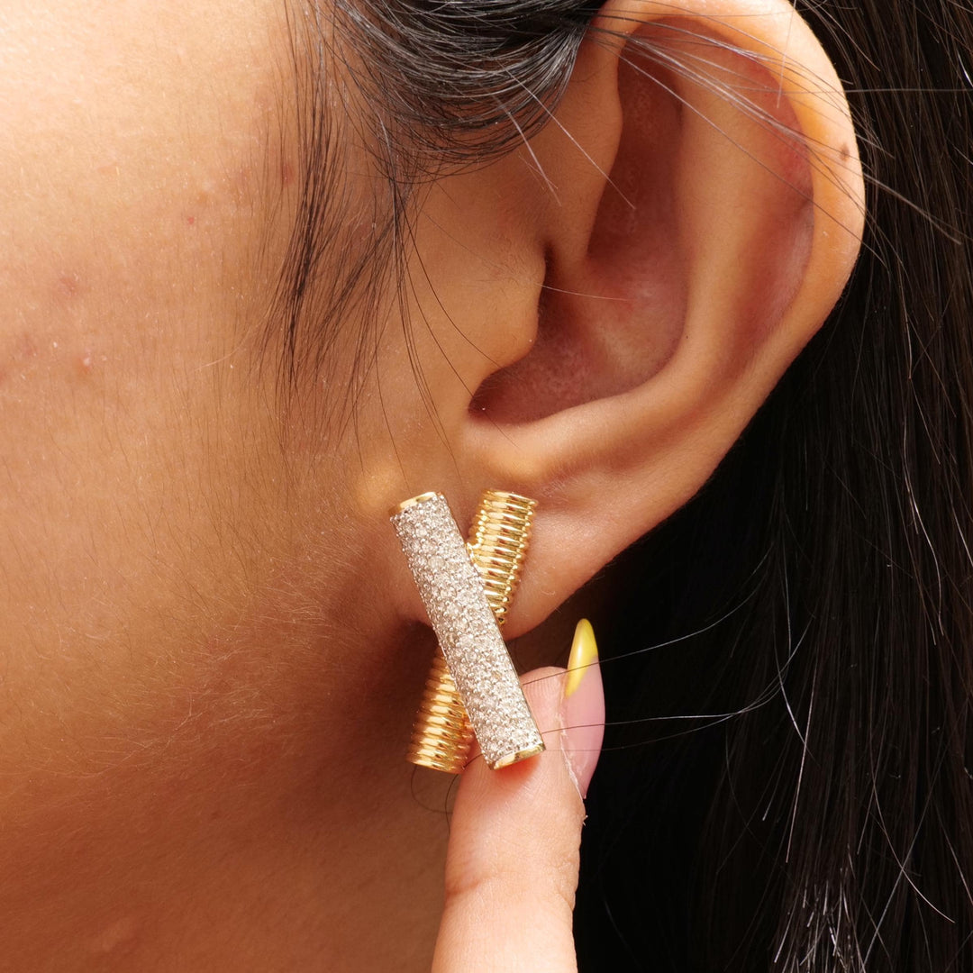 X Bar Diamond Stud Earrings, 14k Solid Gold, Natural Diamonds, Cluster Statement Jewelry, Everyday Minimalistic Studs, Ribbed Two Toned Bars