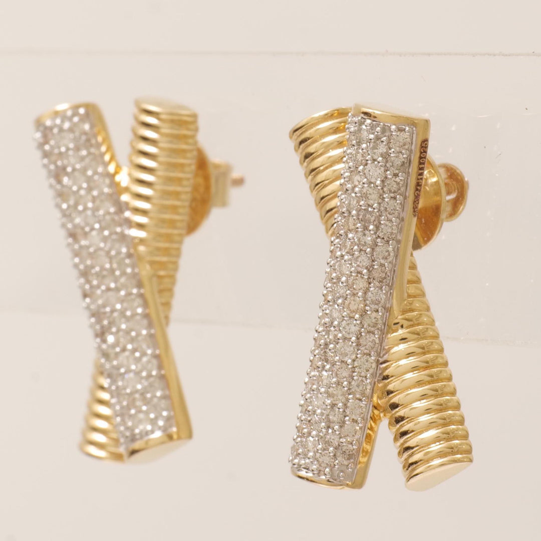 X Bar Diamond Stud Earrings, 14k Solid Gold, Natural Diamonds, Cluster Statement Jewelry, Everyday Minimalistic Studs, Ribbed Two Toned Bars