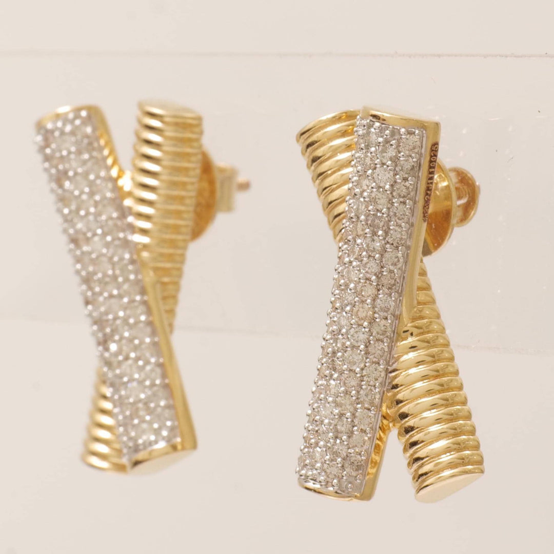 X Bar Diamond Stud Earrings, 14k Solid Gold, Natural Diamonds, Cluster Statement Jewelry, Everyday Minimalistic Studs, Ribbed Two Toned Bars