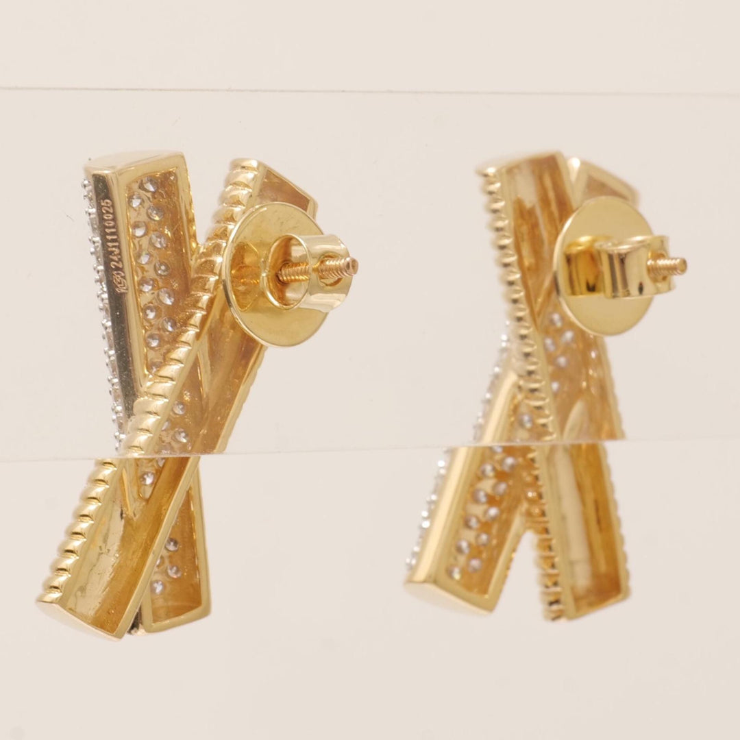 X Bar Diamond Stud Earrings, 14k Solid Gold, Natural Diamonds, Cluster Statement Jewelry, Everyday Minimalistic Studs, Ribbed Two Toned Bars