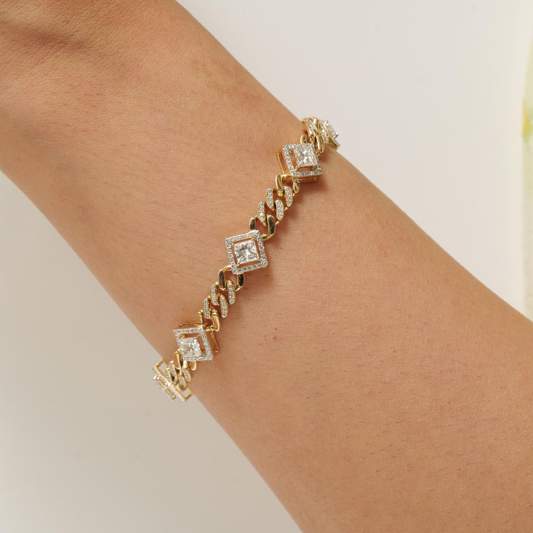 Square Halo Natural Diamond Wedding Tennis Bracelet: 14k Solid Gold Two Tone Cuban Link Chain Jewellery, Certified Jewelry