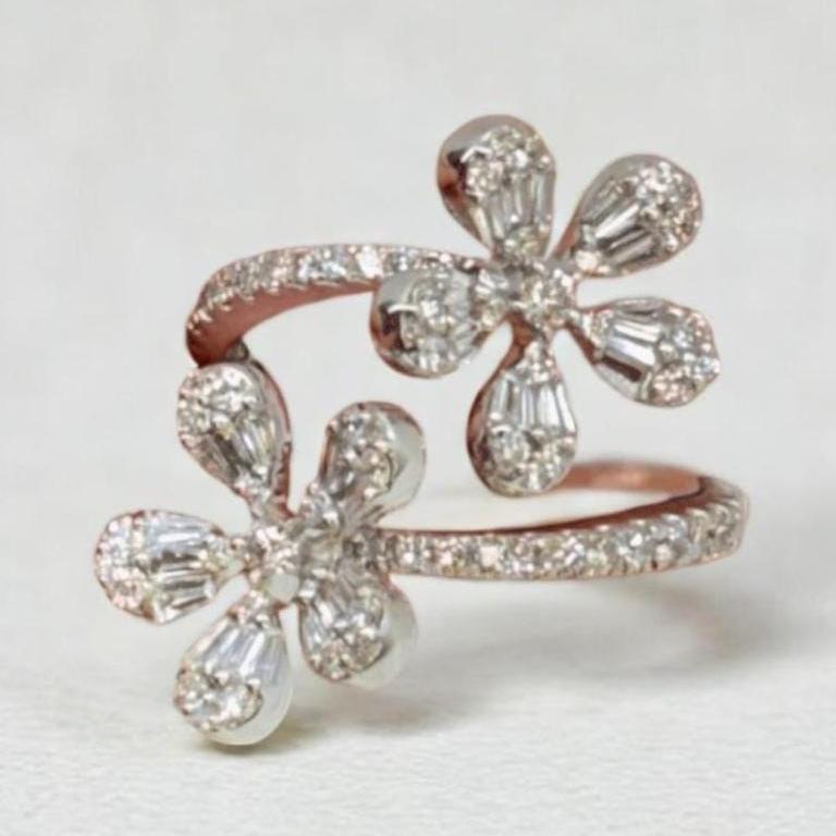 Floral Natural Diamond Bypass Ring: 14k Solid Gold Baguette Flowers Open Ring, Certified Jewelry