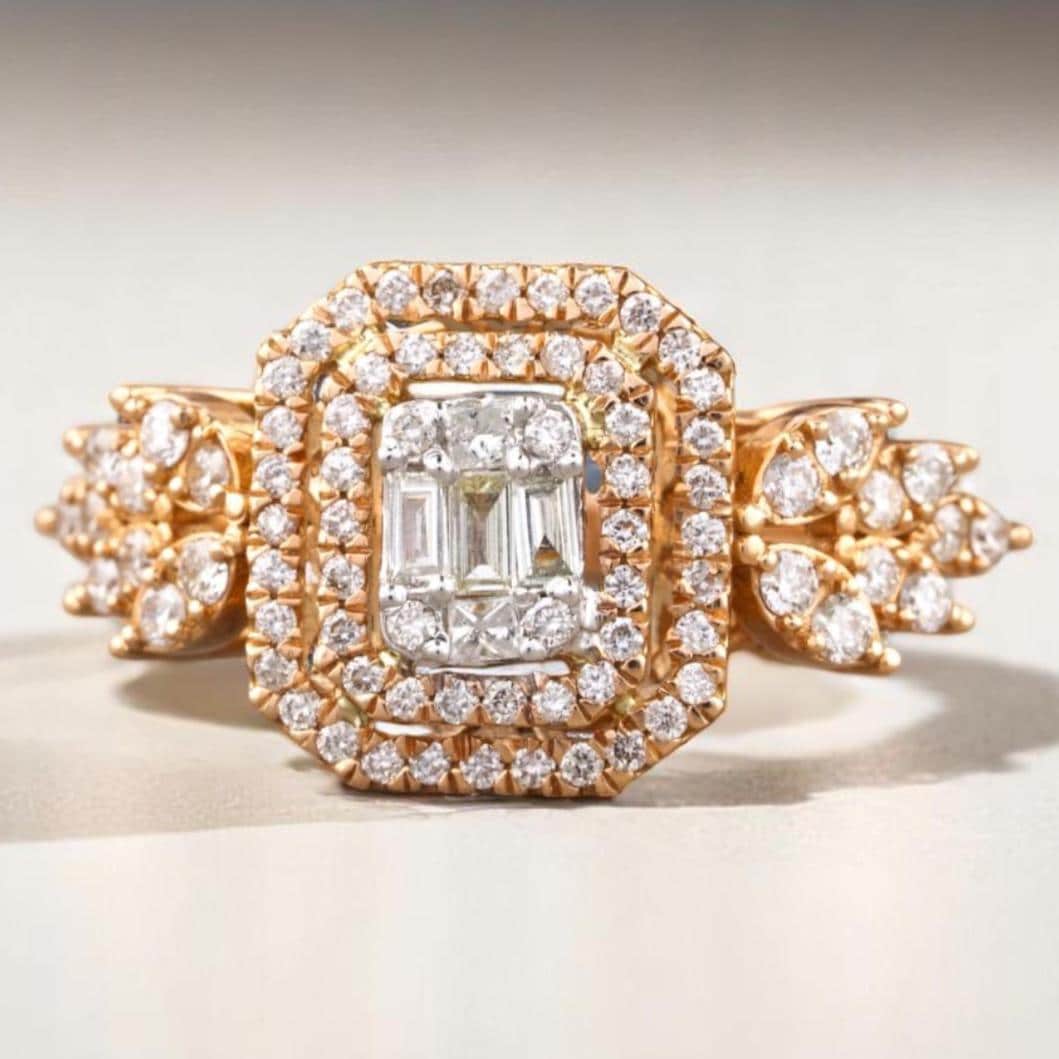 Emerald Cut Diamond Cluster Ring, 14k Solid Gold, Natural Diamonds, Illusion Set Ring, Double Halo Ring, Statement Bridal Ring, Gift For Her