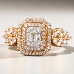 Load image into Gallery viewer, Emerald Cut Diamond Cluster Ring, 14k Solid Gold, Natural Diamonds, Illusion Set Ring, Double Halo Ring, Statement Bridal Ring, Gift For Her
