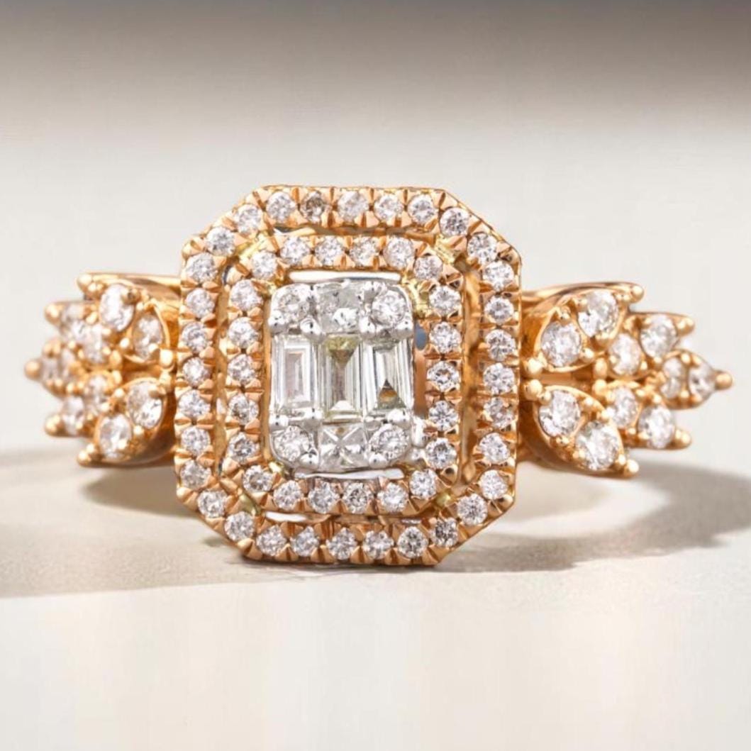 Emerald Cut Diamond Cluster Ring, 14k Solid Gold, Natural Diamonds, Illusion Set Ring, Double Halo Ring, Statement Bridal Ring, Gift For Her