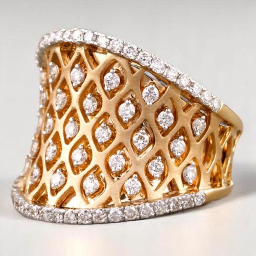 Diamond Cocktail Ring, 14K Solid Gold, Natural Diamonds, Concave Corset Ring, Broad Band with Matt Effect, Mesh Band Ring, Gift For Her