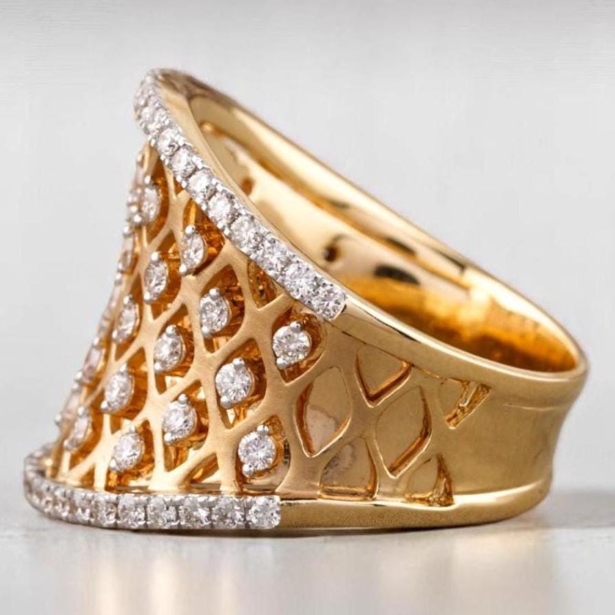 Diamond Cocktail Ring, 14K Solid Gold, Natural Diamonds, Concave Corset Ring, Broad Band with Matt Effect, Mesh Band Ring, Gift For Her