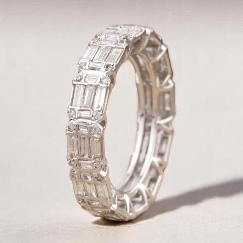 Emerald Illusion Wedding Ring, 14k Solid Gold, Baguette & Round Natural Diamonds, Stackable Eternity Band, Gift For Her